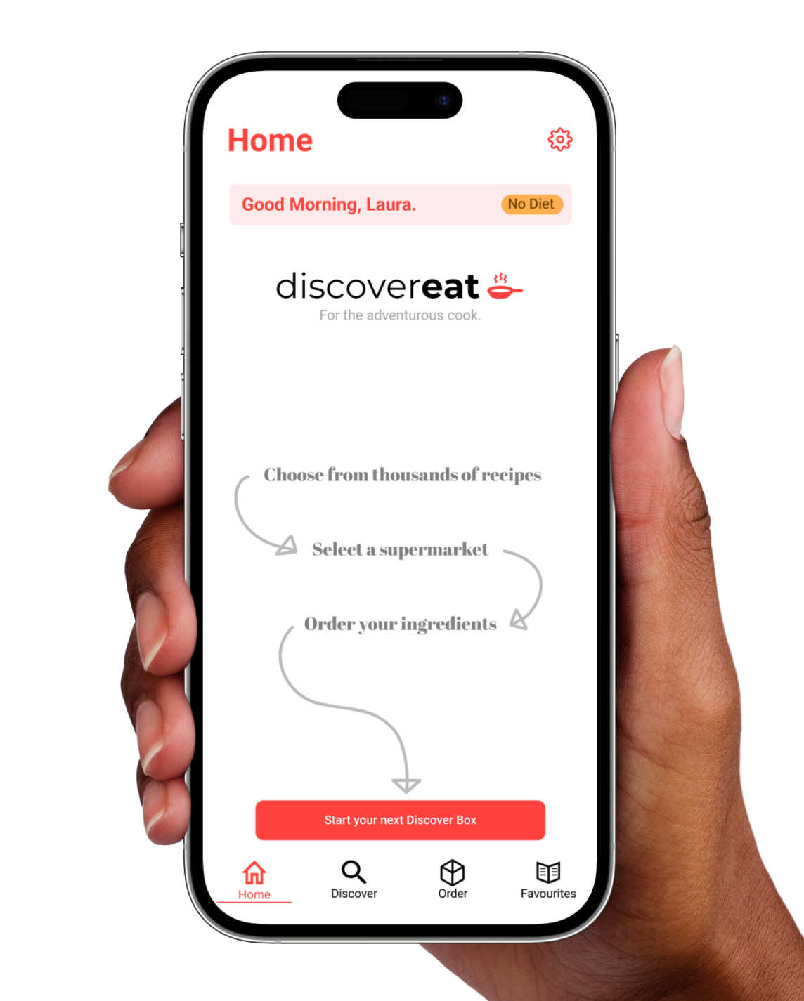 Person holding DiscoverEat home screen
